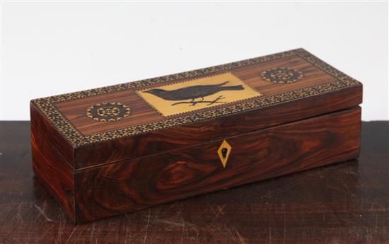 A Tunbridge Ware kingwood bird mosaic and half square mosaic glove box, 9.5in.